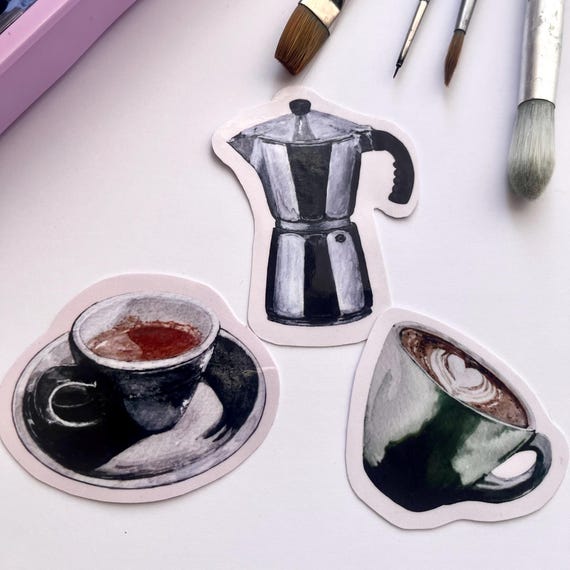 Original Artwork Hand Painted Watercolor Die Cut Waterproof Vinyl Sticker Handmade  Coffee Drinkers Pack