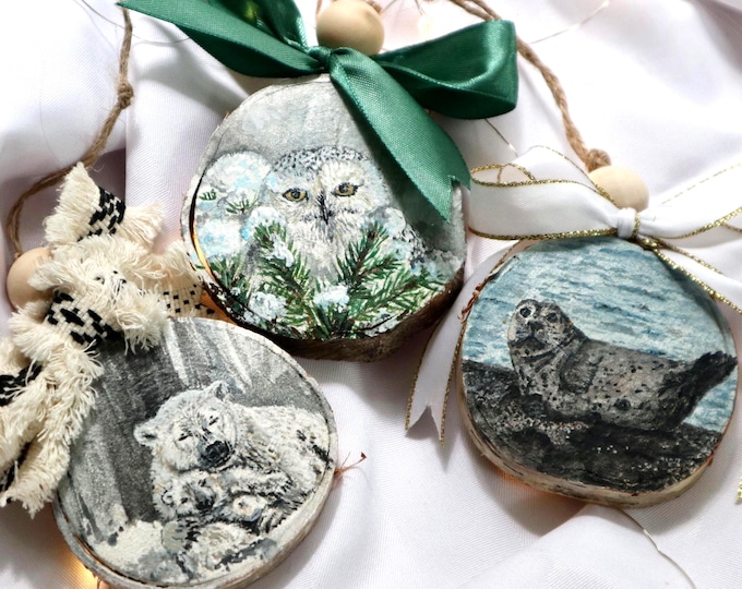 Handmade Ornaments, Watercolor Painting on Birch Slice, Original Art, One of a kind Christmas Decoration, Bear, Snow Owl, Seal