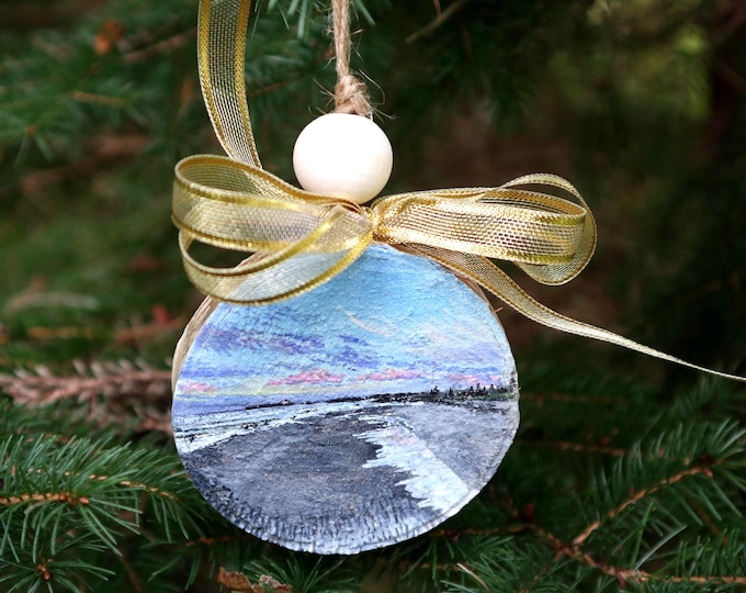 Watercolor Painting on Birch Slice- Before Sunrise Beach Meadows