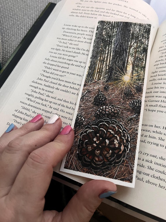 Original Artwork Landscape Painting Hand Painted Bookmark Small Watercolor ACEO Canadian Art Pine Cone Forest Morning Sunrise