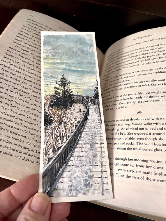 Original Artwork Landscape Painting Hand Painted Bookmark Small Watercolor ACEO Canadian Art Frozen Beach Boardwalk