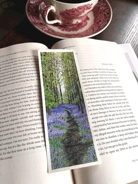 Original Artwork Landscape Painting Hand Painted Bookmark Small Watercolor ACEO Canadian Art Spring Forest Trail Purple Flowers