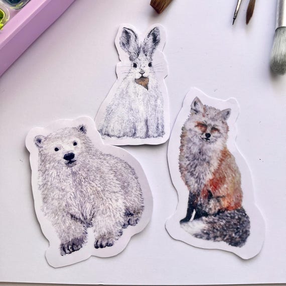 Original Artwork Hand Painted Watercolor Die Cut Waterproof Vinyl Sticker Handmade   Snowy Animals Pack