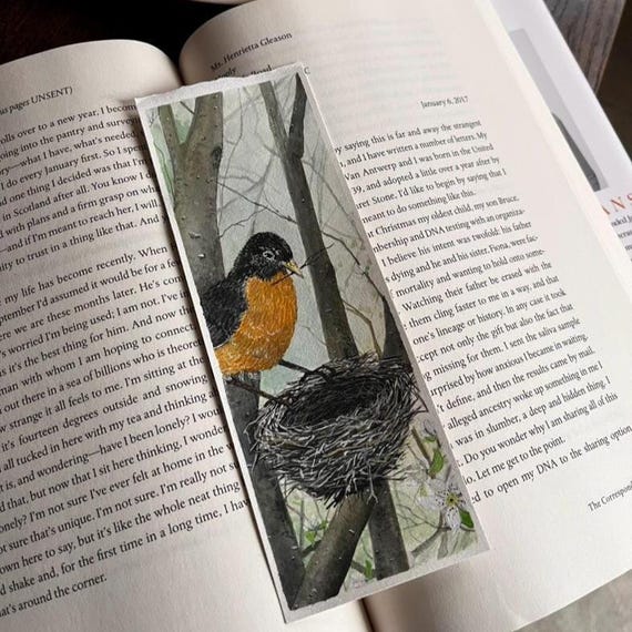 Original Artwork Wildlife Painting Hand Painted Bookmark Small Watercolor ACEO Canadian Art Spring Robin