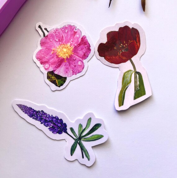 Original Artwork Hand Painted Watercolor Die Cut Waterproof Vinyl Sticker Handmade   Flowers Pack