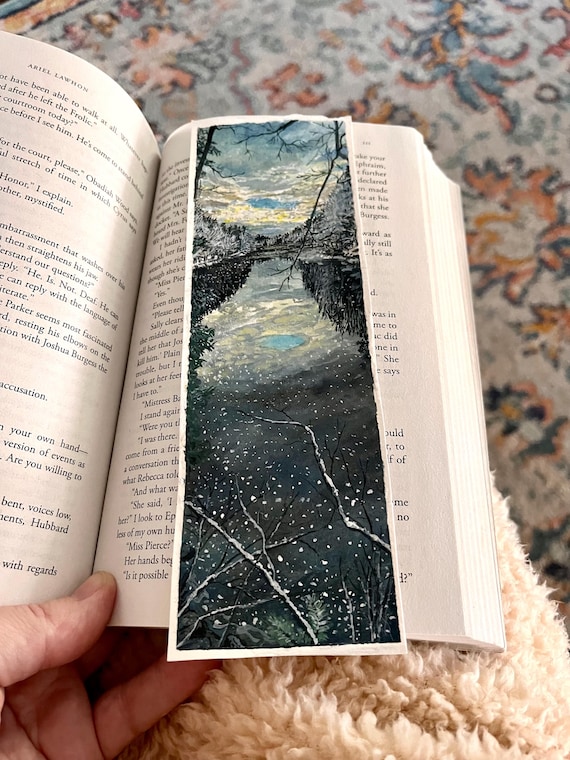 Original Artwork Landscape Painting Hand Painted Bookmark Small Watercolor ACEO Canadian Art Snow Falling on the Medway River