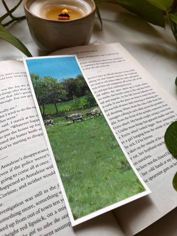 Original Artwork Landscape Painting Hand Painted Bookmark Small Watercolor ACEO Canadian Art Sheep Field