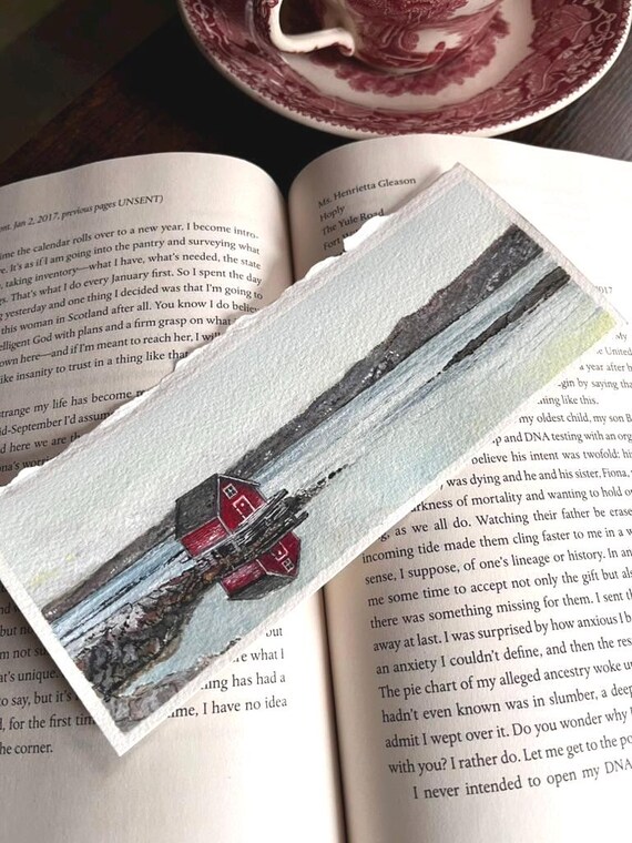 Original Artwork Landscape Painting Hand Painted Bookmark Small Watercolor ACEO Canadian Art Red Building by the Sea