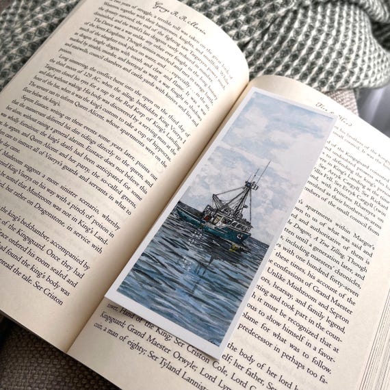 Original Artwork Landscape Painting Hand Painted Bookmark Small Watercolor ACEO Canadian Art Lobster Boat Limited edition prints