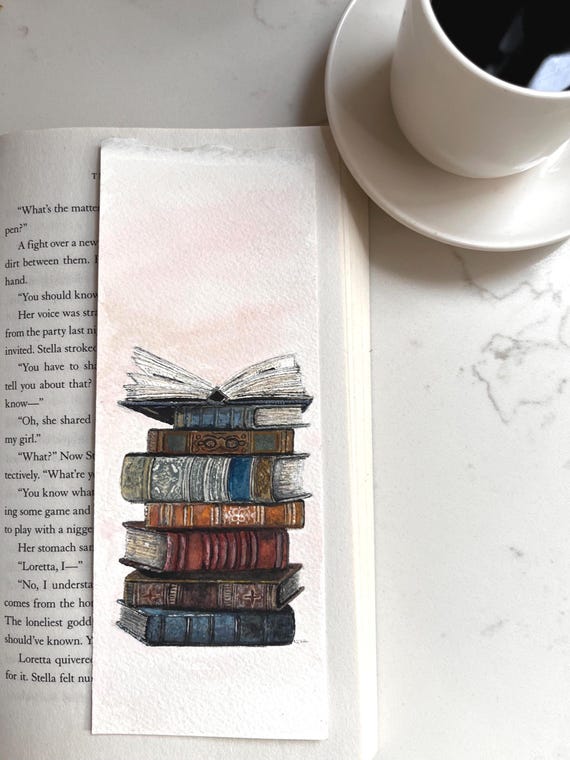 Original Artwork Book lover Gift Hand Painted Bookmark Small Painting ACEO Canadian Art Book Stack