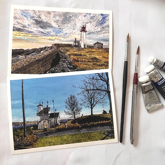Art Print Postcard Set Original Watercolor Painting 5x7 Canadian Art Landscape Fall Lighthouse Pack