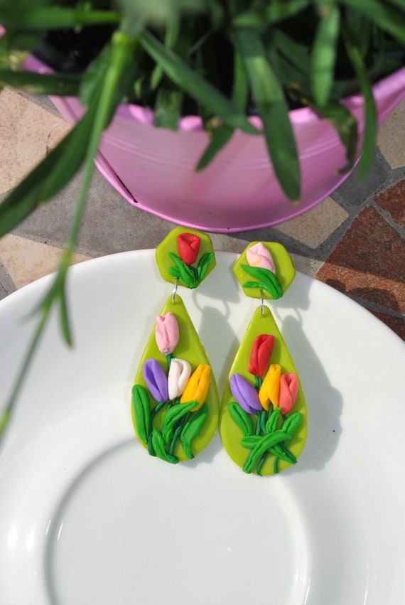 polymer clay Spring tulip drop earrings
