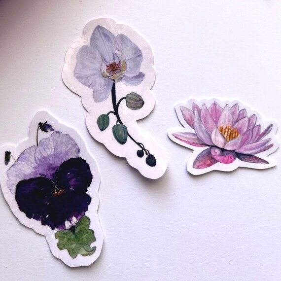 Original Artwork Hand Painted Watercolor Die Cut Waterproof Vinyl Sticker Handmade   Flower Pack