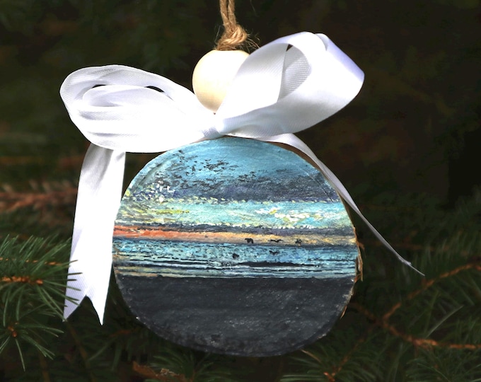 Watercolor Painting on Birch Slice- Seagulls at dawn Beach Meadows