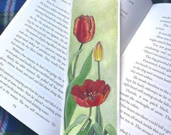 Marcador de livro pequeno, pintura original floral em aquarela, pintado à mão, formato ACEO, arte canadense, tulipa em aquarela.