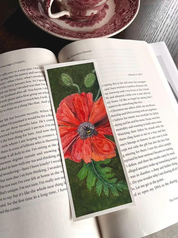 Watercolour Floral Original Artwork Hand Painted Bookmark Small Painting ACEO Canadian Art Poppy with Bee Watercolor