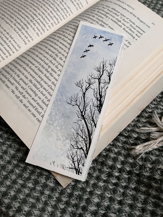 Original Artwork Landscape Painting Hand Painted Bookmark Small Watercolor ACEO Canadian Art Geese at Flight Lynde Shores