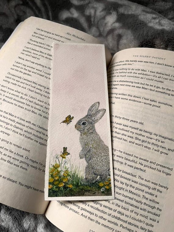 Original Artwork Wildlife Painting Hand Painted Bookmark Small Watercolor ACEO Canadian Art Bunny and Butterflies