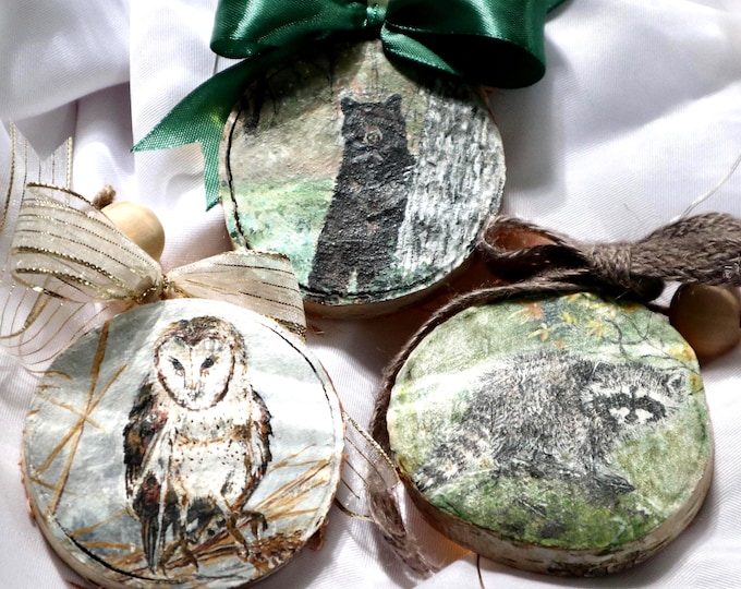 Handmade Ornaments, Watercolor Painting on Birch Slice, Original Art, One of a kind Christmas Decoration, Bear, Raccoon, Owl