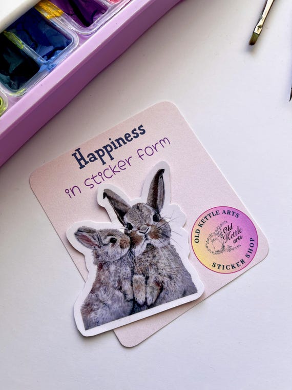 Original Artwork Hand Painted Watercolor Die Cut Waterproof Vinyl Sticker Handmade Kissing Bunnies