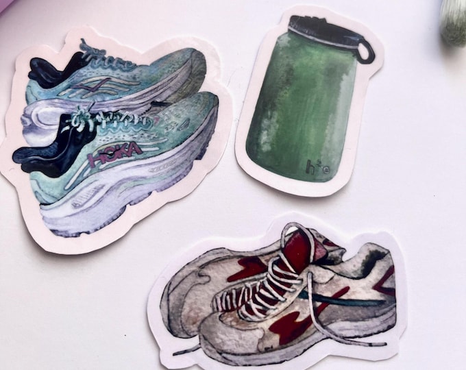 Running Shoes & Water Bottle — Watercolor Stickers