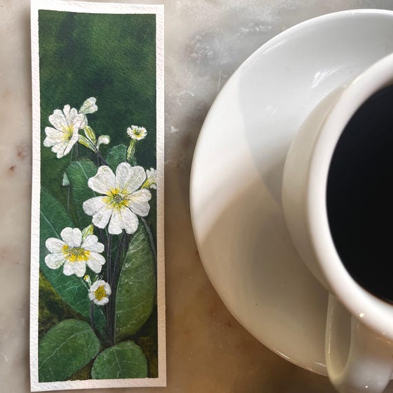 Watercolour Floral Original Artwork Hand Painted Bookmark Small Painting ACEO Canadian Art White Primerose Watercolor