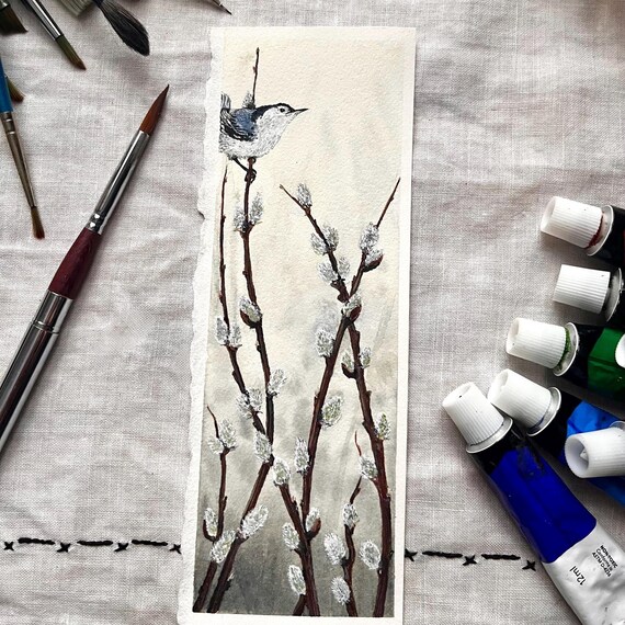 Original Artwork Landscape Painting Bird Lover Hand Painted Bookmark Small Watercolor ACEO Canadian Art Nuthatch in the Willow Stems