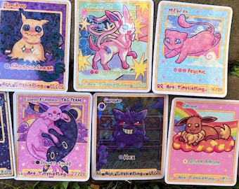 Poke Card Holographic Stickers - Sylveon, Gengar, Mew, Mimikyu, Eevee, Hisuian Zorua, Espeon & Umbreon