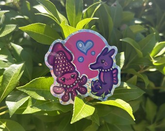 Squid & Seahorse Love Prismatic Holographic Sticker