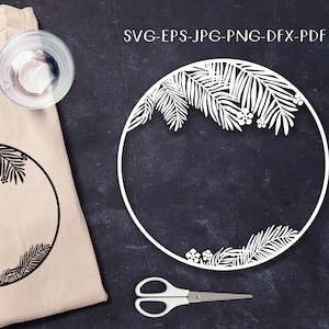 Marco circular redondo Svg, borde de hojas de palma de coco tropical EPS, Cricut Explore, archivo de corte de silueta, DXF, png, pdf, jpg, plantilla para cortar e imprimir