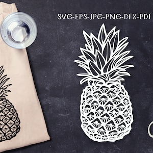 May include: A black and white illustration of a pineapple with detailed leaves and a textured pattern on the fruit. The pineapple is on a black background.