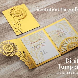 Invitation template with sunflower, DIY Wedding envelope Svg Dxf Eps Png JPG, Silhouette Cameo cut file, Cricut laser stencil, plotter file