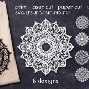 Può includere: Otto intricati disegni di mandala in bianco e nero, perfetti per il taglio laser, il taglio della carta o la fustellatura. I disegni sono disponibili nei formati SVG, EPS, JPG, PNG, DFX e PDF.