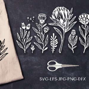 May include: A set of white silhouette images of protea flowers and leaves on a black background. The images are perfect for crafting projects, such as cutting out designs for cards, scrapbooking, or home decor.