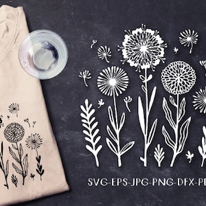 Flores silvestres, dentes-de-leão, flores botânicas desenhadas à mão SVG, estêncil DXF, EPS, Png, Pdf, Jpg Cricut, silhueta de camafeu, modelo para cortar e imprimir.