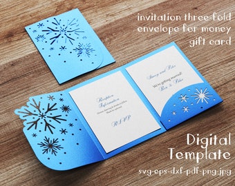 Card template with snowflakes Svg, Winter wedding invitation, cash money gift envelope, Dxf Eps Png JPG, Silhouette Cameo cut file, Cricut