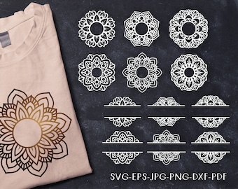 Op de afbeelding: Een set van 15 witte mandala-ontwerpen, inclusief volledige mandala's en gesplitste mandala's, perfect voor knutselprojecten. De ontwerpen zijn op een zwarte krijtbordachtergrond.