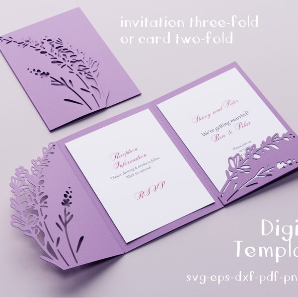 lavender card SVG, DIY Invitation template,  Wedding envelope Dxf Eps Png JPG, Silhouette Cameo cut file, Cricut laser stencil, plotter file