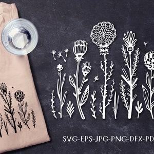 Flores silvestres, flores botánicas dibujadas a mano SVG, plantilla DXF, EPS, Png, Pdf, Jpg - Cricut & Cameo Silhouette, plantilla para cortar e imprimir.