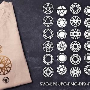 Conjunto SVG de geometría sagrada, estrellas, pentagrama, hexagramas, imágenes prediseñadas de patrón circular EPS, Cricut, silueta, DXF, PNG, PDF, Jpg, plantilla para cortar e imprimir