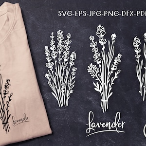 Flores de lavanda, estêncil floral botânico desenhado à mão SVG, Cricut Explore, arquivo de corte Silhouette, DXF PNG Pdf Jpg, modelo para cortar e imprimir