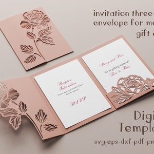 Rose Karte SVG, DIY-Einladung Vorlage, Hochzeitsumschlag Dxf Eps Png JPG, Silhouette Cameo Schnittdatei, Cricut Laserschablone, Plotterdatei