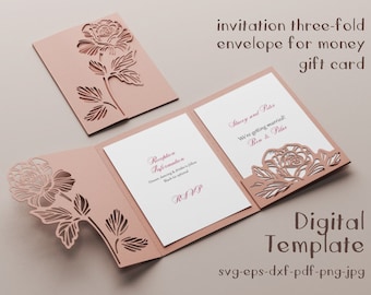 Scheda rosa SVG, modello di invito fai da te, busta per matrimonio Dxf Eps Png JPG, file di taglio Silhouette Cameo, stencil laser Cricut, file plotter