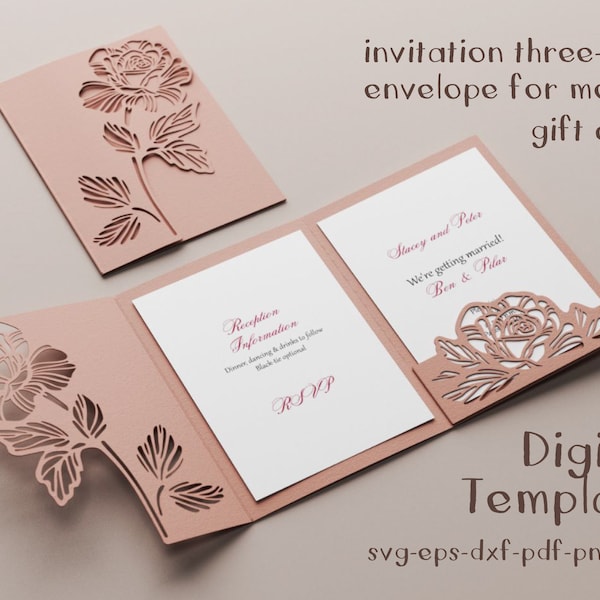 Rose card SVG, DIY Invitation template,  Wedding envelope Dxf Eps Png JPG, Silhouette Cameo cut file, Cricut laser stencil, plotter file