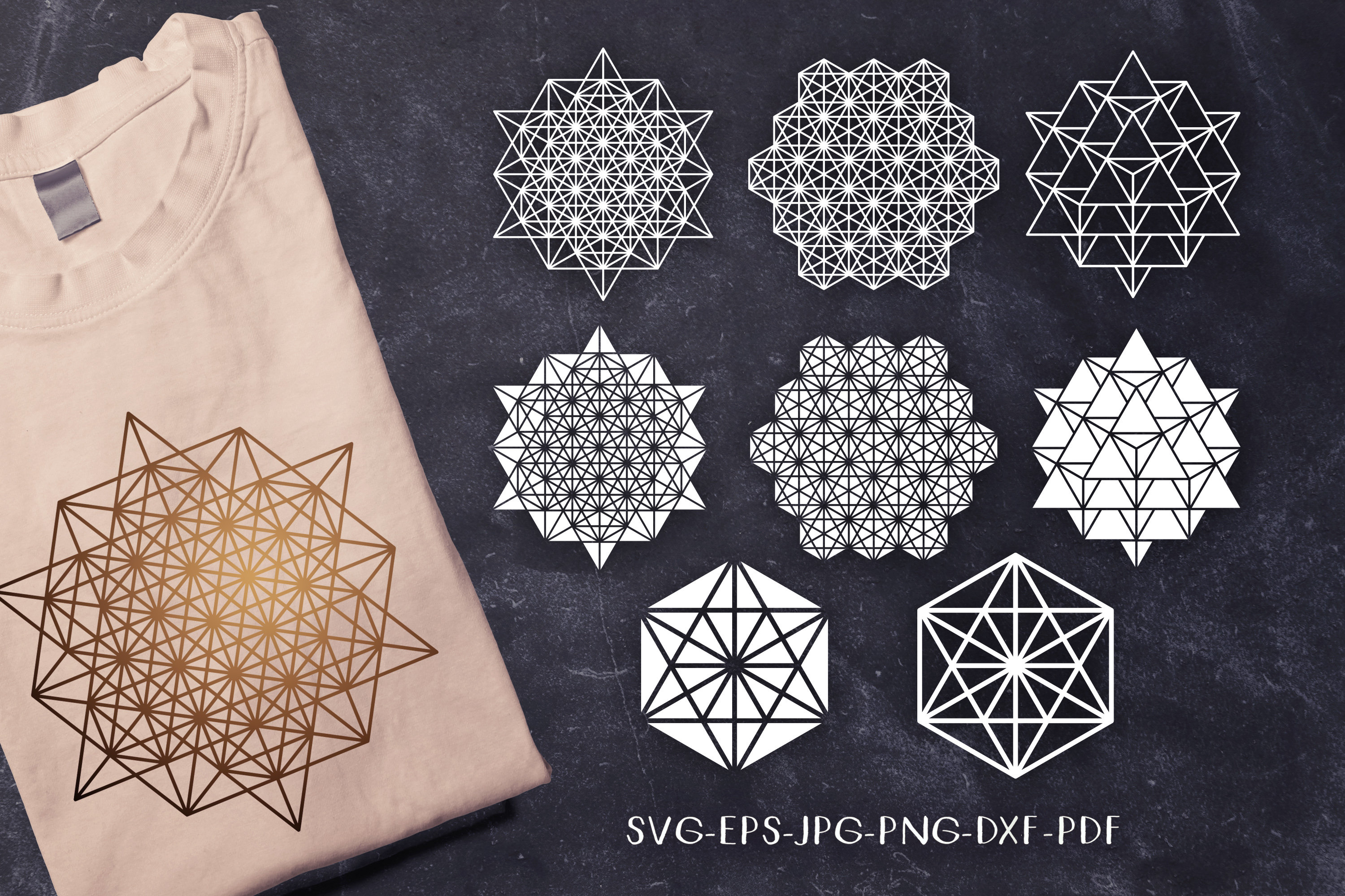 定番 64 Tetrahedron Grid SVG Set, Sacred Geometry Merkaba Clipart イラスト