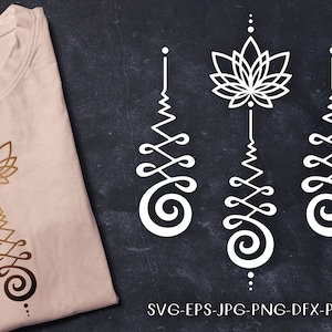 Símbolo budista Unalome SVG, patrón de espiral de loto, símbolo de yoga, corte de silueta, archivo de corte, dxf, PNG, PDF, Jpg, plantilla para cortar e imprimir