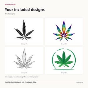 May include: A digital download sheet from PNR ART STORE titled Your included designs featuring four leaf illustrations. Design 01 is a solid black leaf, Design 02 is a rainbow-colored leaf, Design 03 is a black outline leaf, and Design 04 is a green leaf.