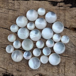 Puede incluir: Una colección de cabujones redondos, blancos e iridiscentes de varios tamaños. Los cabujones están dispuestos sobre una superficie de madera marrón texturizada, creando una exhibición visualmente atractiva de gemas pulidas.