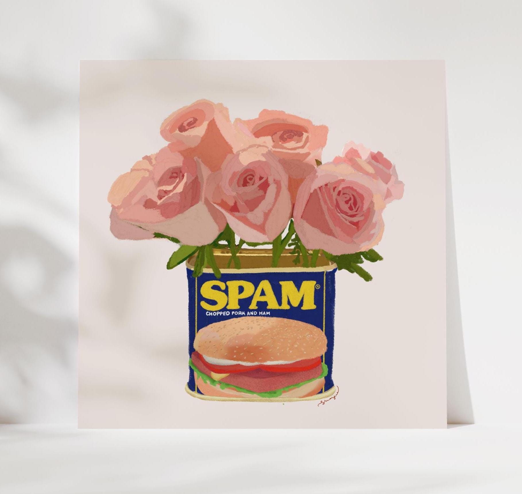 Blumenstrauß SPAM Wandbild (Tulpen, Rosen, Gänseblümchen) | Witziger Kunstdruck (20x20cm)