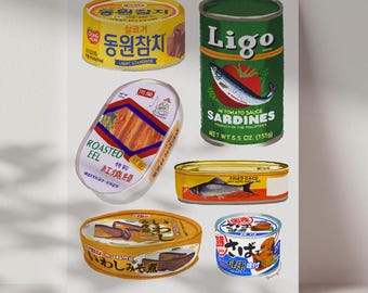 asiatischer Fischkonserven | Vorratsdosen | Küche Essen Kunstdruck (15x20cm)